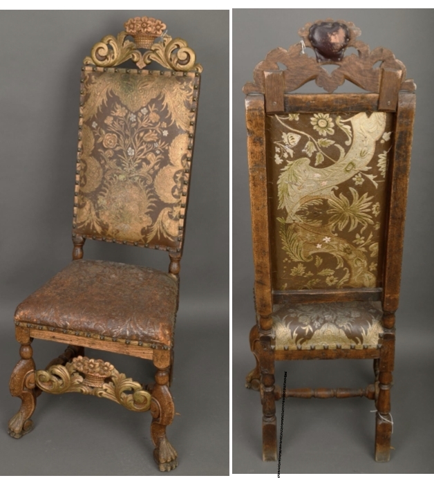 Barokkstol i tre, en såkalt Trondhjemsstol med høy rygg, fra tidlig 1700-tall. Stolen er rikt utsmykket med utskjeringer og maling i forskjellige farger. Både ryggen og setet er trukket med gyldenlær.