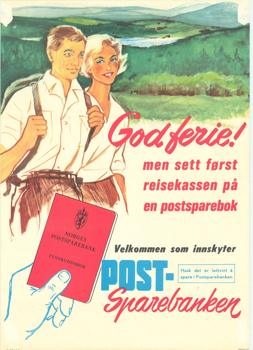 Reklameplakat med motiv av to personer, postsparebankbok, tekst og bilder.