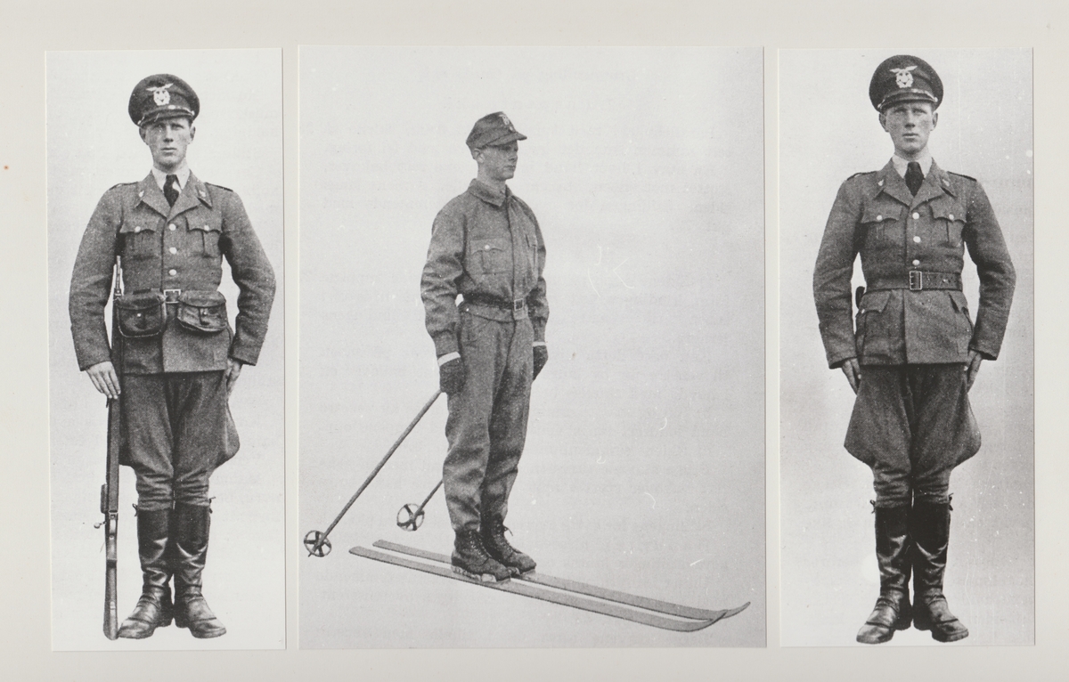 Politimann i politiuniform modell 1942, inkludert skiutstyr.