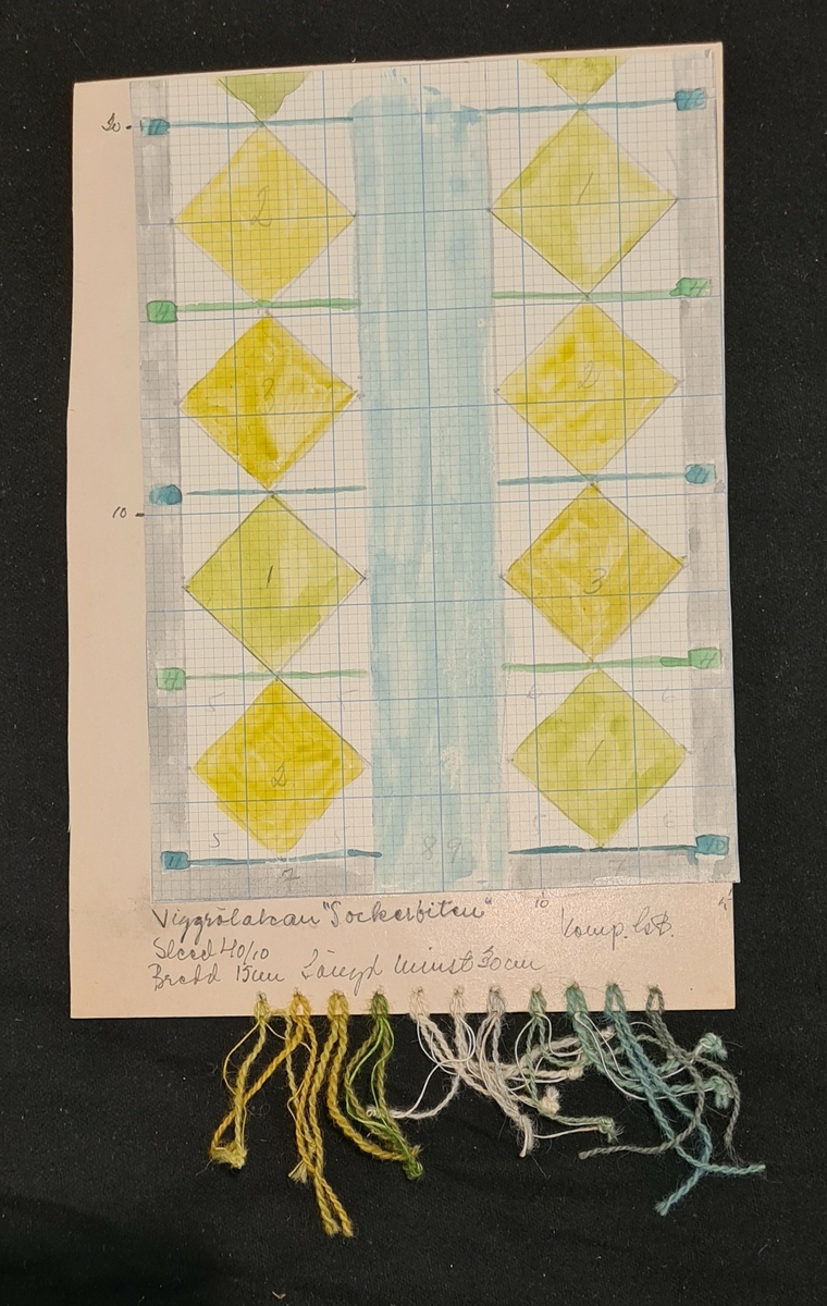 Mapp med vävmönster, studier och teckningar till bland annat mönster för kläd- och möbeltyger, material för ljuslära m.m. Allt är samlat i en blå, grå, svart randig mapp vilken sammanknytes med lädersnören.

Tillverkaren, Kerstin Saltin, föddes 1935 i Söderhamn och praktiserade där i 17-18-årsåldern på Hemslöjden. Av en tillfällighet kom hon till Johanna Brunssons Vävskola där hon gick en tvåårig utbildning 1957-1958. Skolan upphörde 1958. Som lärare hade hon bland andra Ernstsson och Lundberg. På skolan lärde man främst teknik och eleverna erbjöds visst utrymme för egen form och komposition. Efter examen åkte Kerstin Saltin till USA där hon under sex år var vävlärare för förståndshandikappade elever. Återkommen till Sverige arbetade hon vid Hinderssons vävavdelning samt vid Blomqvists i Fritsla. Gåvan överlämnades i samband med givarens flytt från Göteborg till Ljungskile.