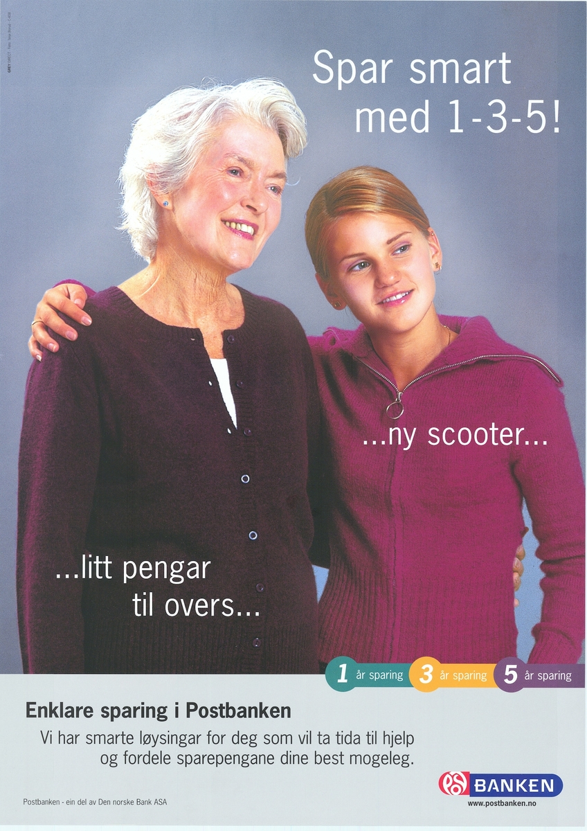 Plakat med motiv av to personer, tekst og bilde. Plakaten er tosidig med tekst på bokmål og nynorsk på hver sin side.
