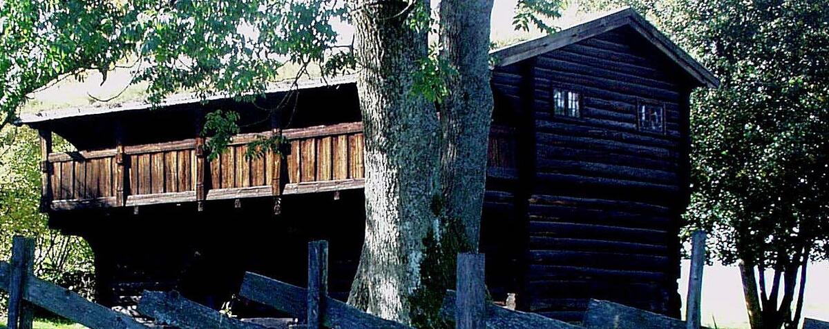 Bildet viser en brun laftet hytte med et tre i forgrunn.