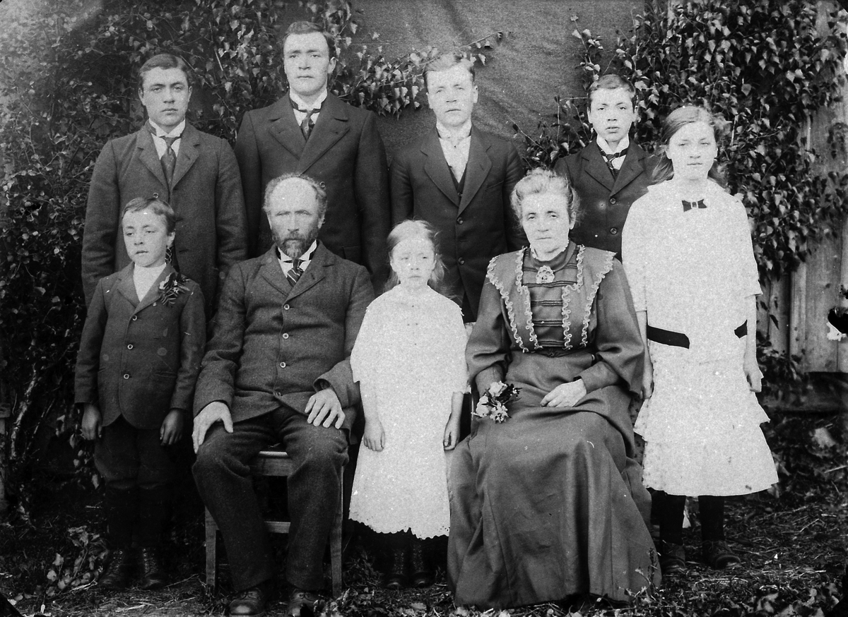 Framme frå venstre: Boye A., Andris T., Anna A., Anne f. Leine og Bertha A. Hamre. Bak frå venstre: Endre A., Trond A.,Helge A. og Thomas A. Hamre
