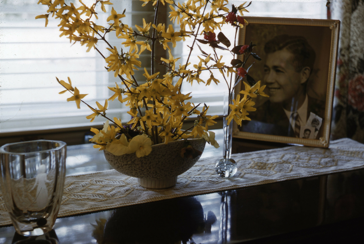 Bilde i ramme skål med blomster
