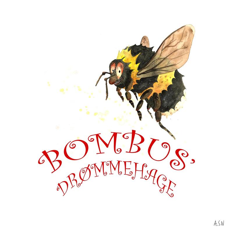 En tegning av en sort og gul bie over teksten Bombus drømmehage i rødt