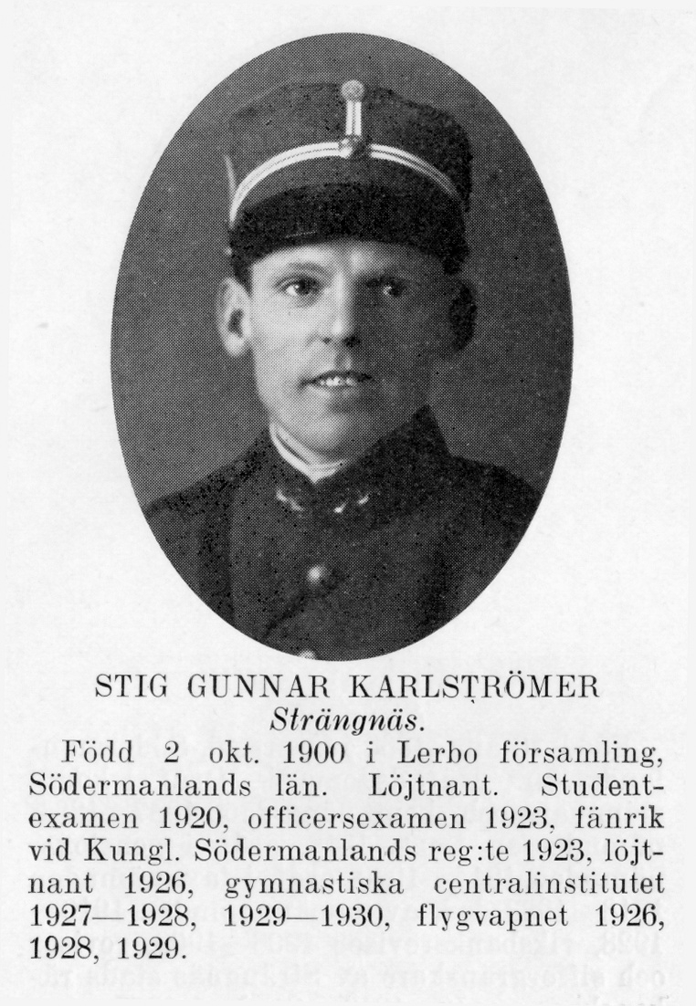 Strängnäs 1934


Löjtnant Stig Gunnar Karlströmer
Född: 1900-10-02 Lerbo, Södermanland
Död:  1970-10-18 Oscar, Stockholm