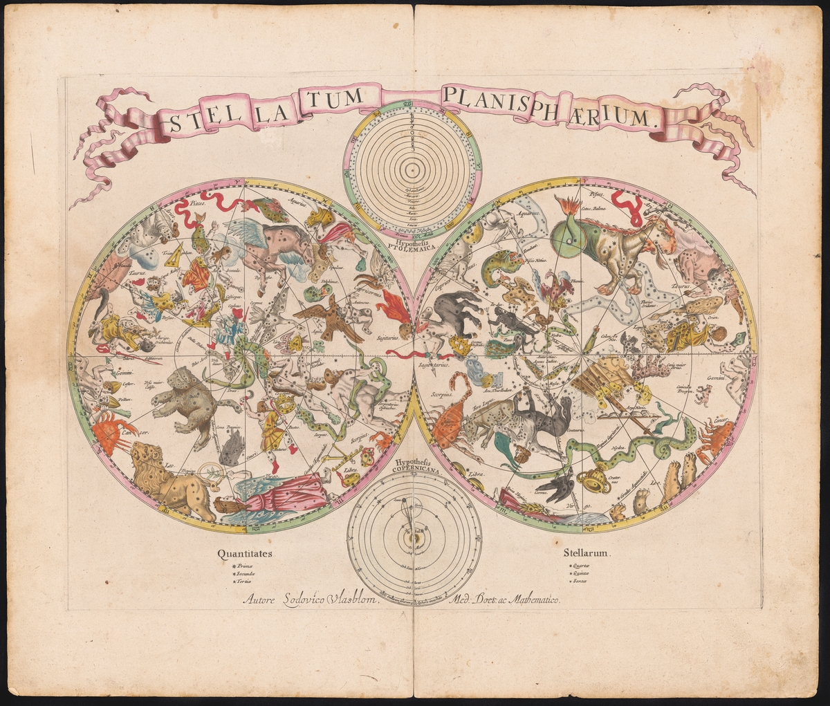 Handkolorerad stjärnkarta där stjärnbilderna visas i form av djur och människor.