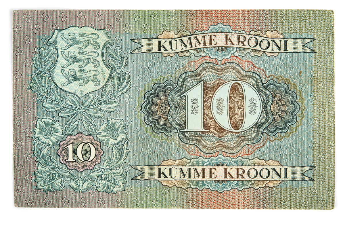 Estnisk sedel, tio krooni, från 1940-talet. Togs med på flykt från Nargö, Estland år 1943.