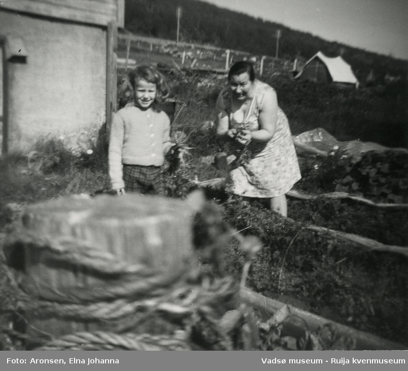 Heidi Søfting og Elna Aronsen steller i hagen på Makkenes i Vadsø kommune, ca 1970. Det ble dyrket grønnsaker, gulrøtter, salat, kål, poteter og kålrot.