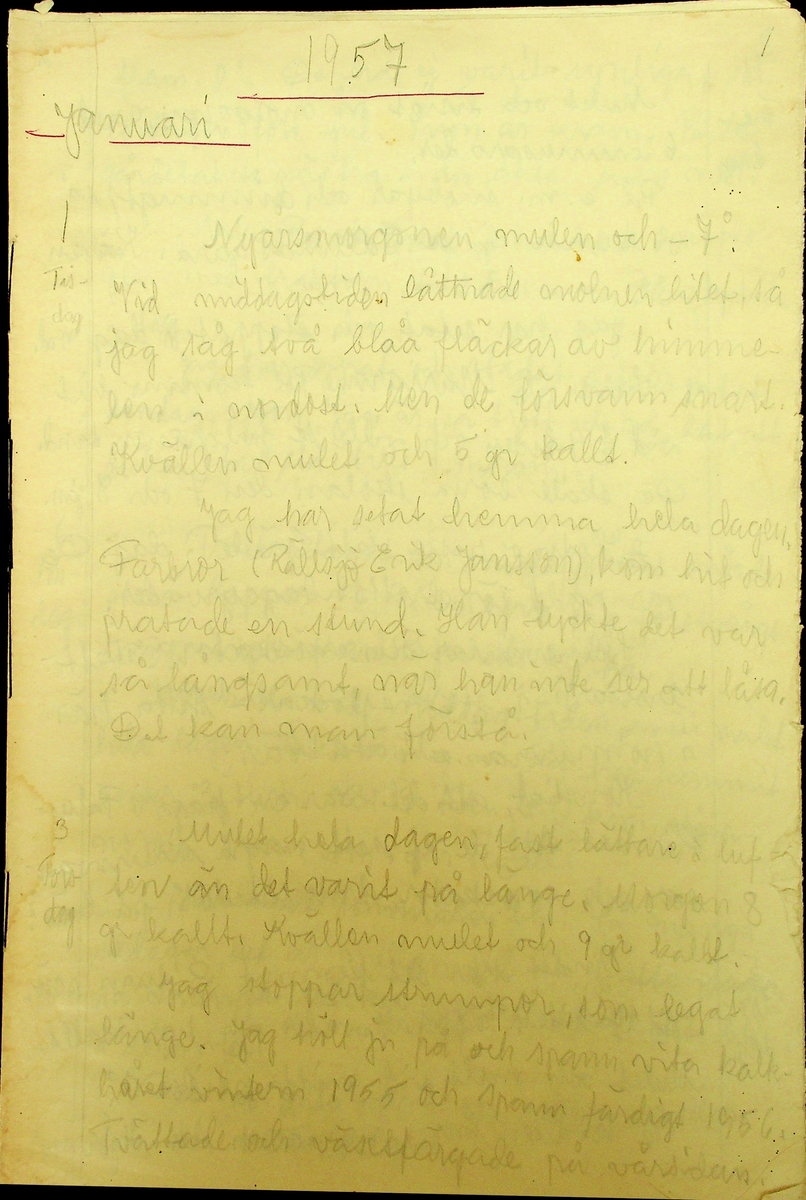 Bondedagbok skriven år 1957 av Rällsjö Brita på Rällsjögården i Bjursås socken. Innehåller anteckningar om bl.a. hushålls och jordbruksarbete, väderleksmärken, diverse observationer (komet, norrsken, Sputnik I och II).