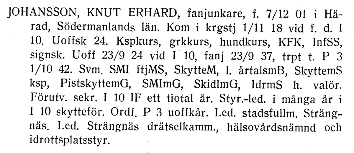 Strängnäs 1947

Fanjunkare Knut Erhard Johansson

Född: 1901-12-07 i Härad, Södermanlands län.
Död: 1971-04-25, Strängnäs.

Personliga uppgifter, se bild 2.