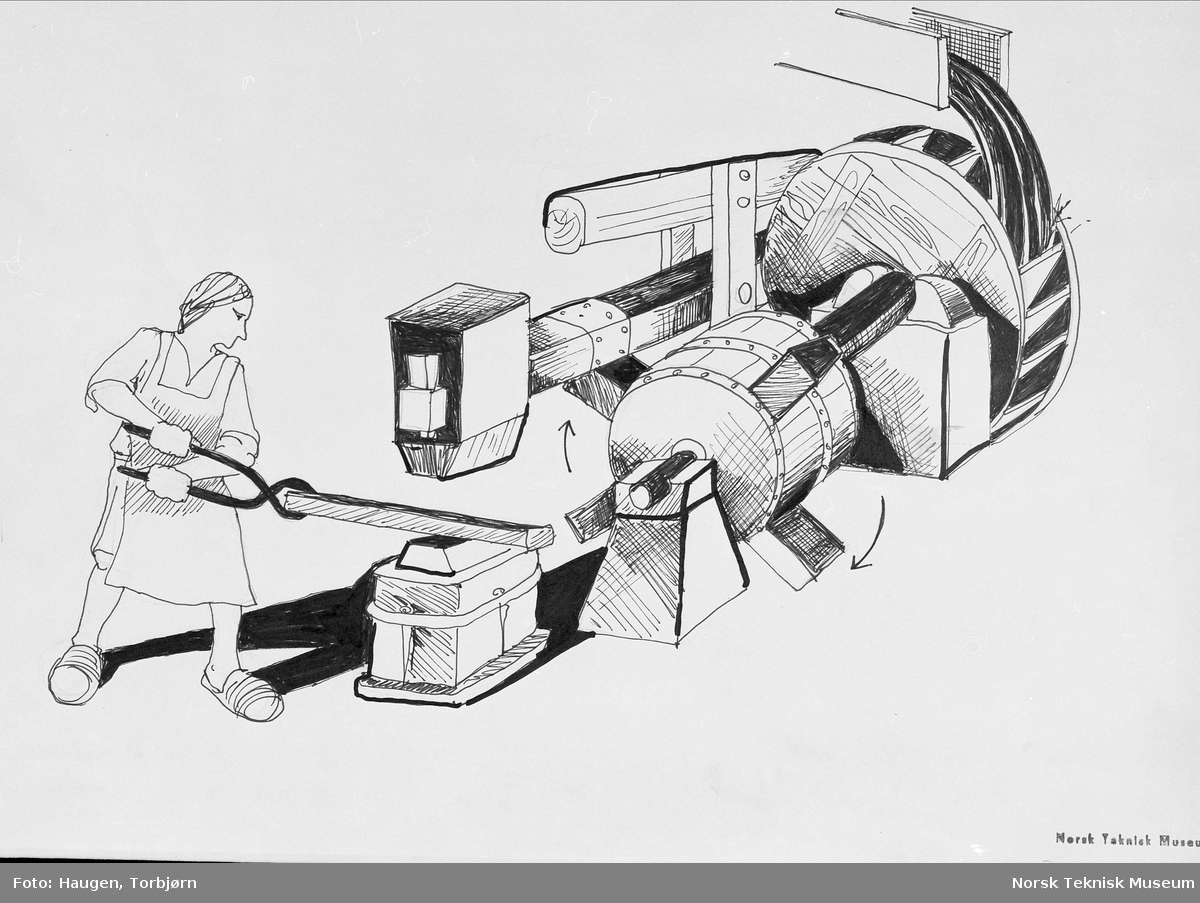 Prinsipp II, prinsippskisse for smiing i vasshjuldrevet hammer, tegnet av Thorbjørn Haugen, NTM juni 1979, til Norsk kulturhistorie, Aschehoug forlag