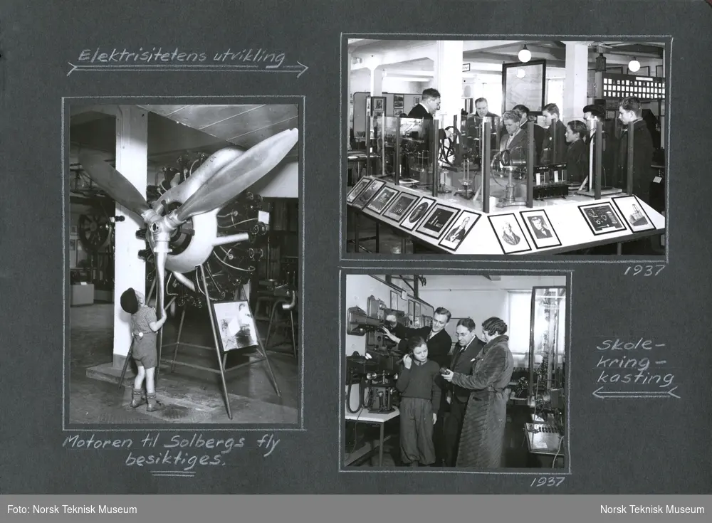 Albumblad, fra utstillingene: Motoren fra Thor Solbergs fly, "Elektrisitetens utvikling" og opptak til skolekringkasting, 1937