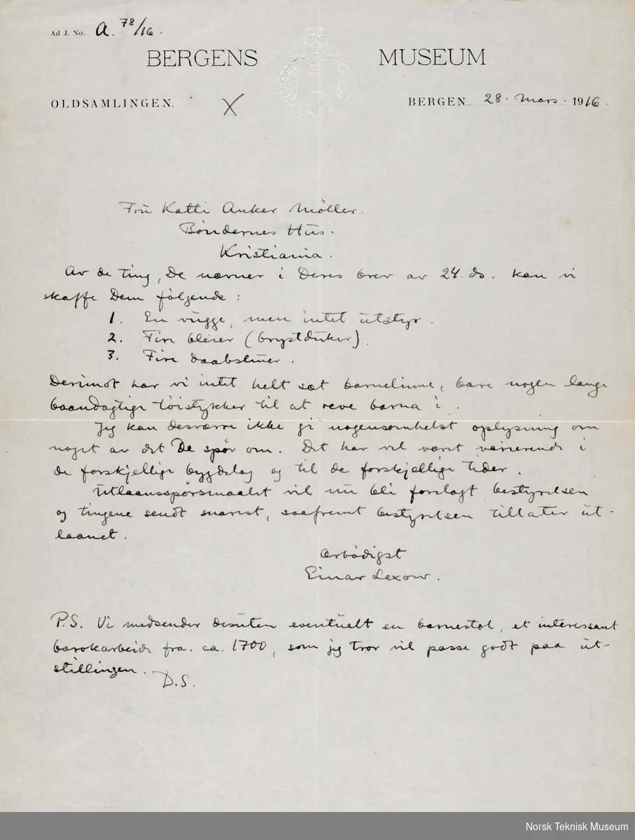 Brev fra Bergens Museum vedrørende utlån av gjenstander til Barselhjemutstillingen, datert 28. mars 1916.