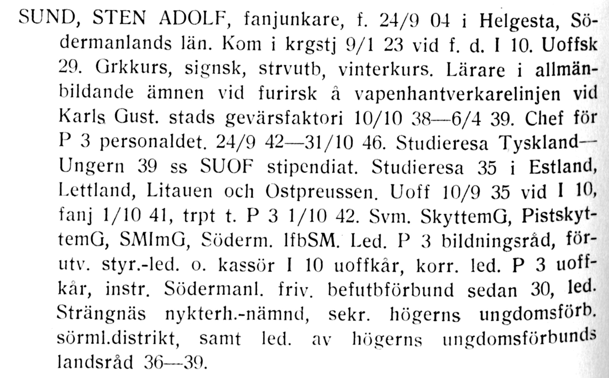Strängnäs 1947

Fanjunkare Sten Adolf Sund

Född: 1904-09-24 i Helgesta, Södermanlands län.
Död: 1978-03-12 i Strängnäs.

Personliga uppgifter, se bild 2.