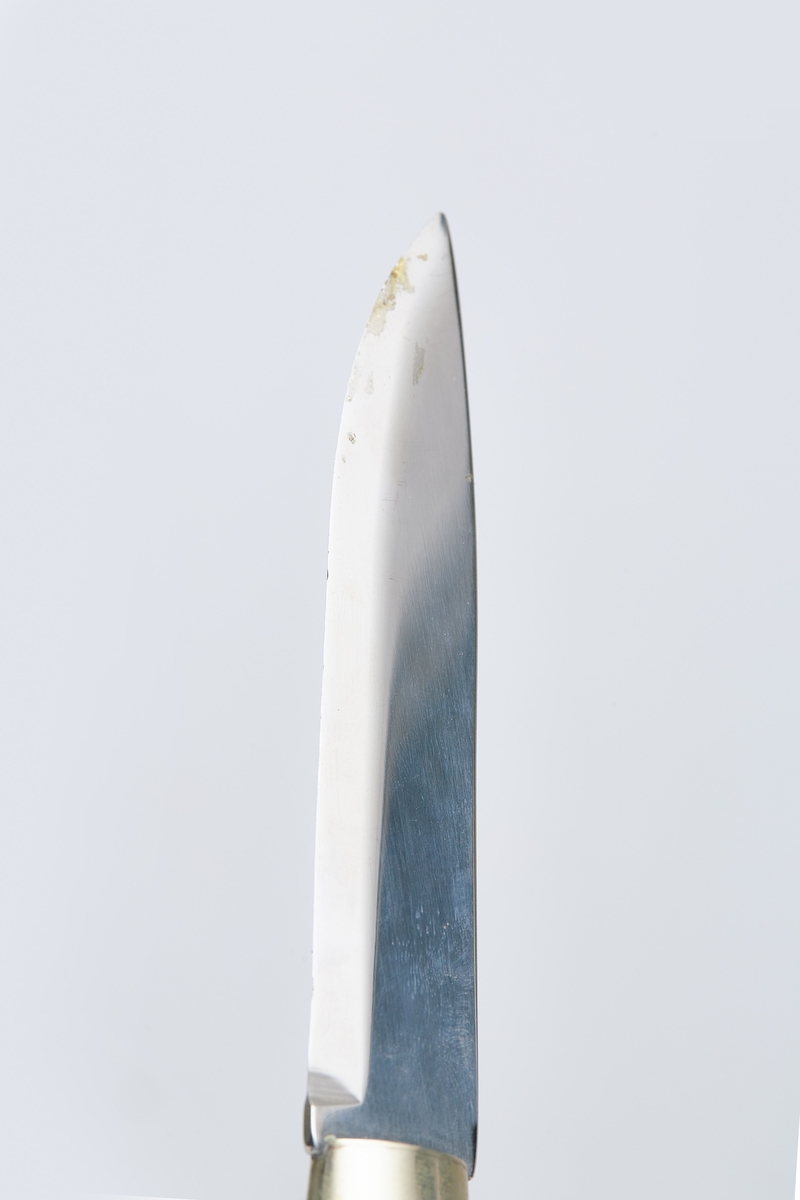 Totenkniv med slire og skaft av kuhorn og nysølv. Trambulert mønster. Messingknotter på enden av slira og knivskaftet. Kniven er i en eske.