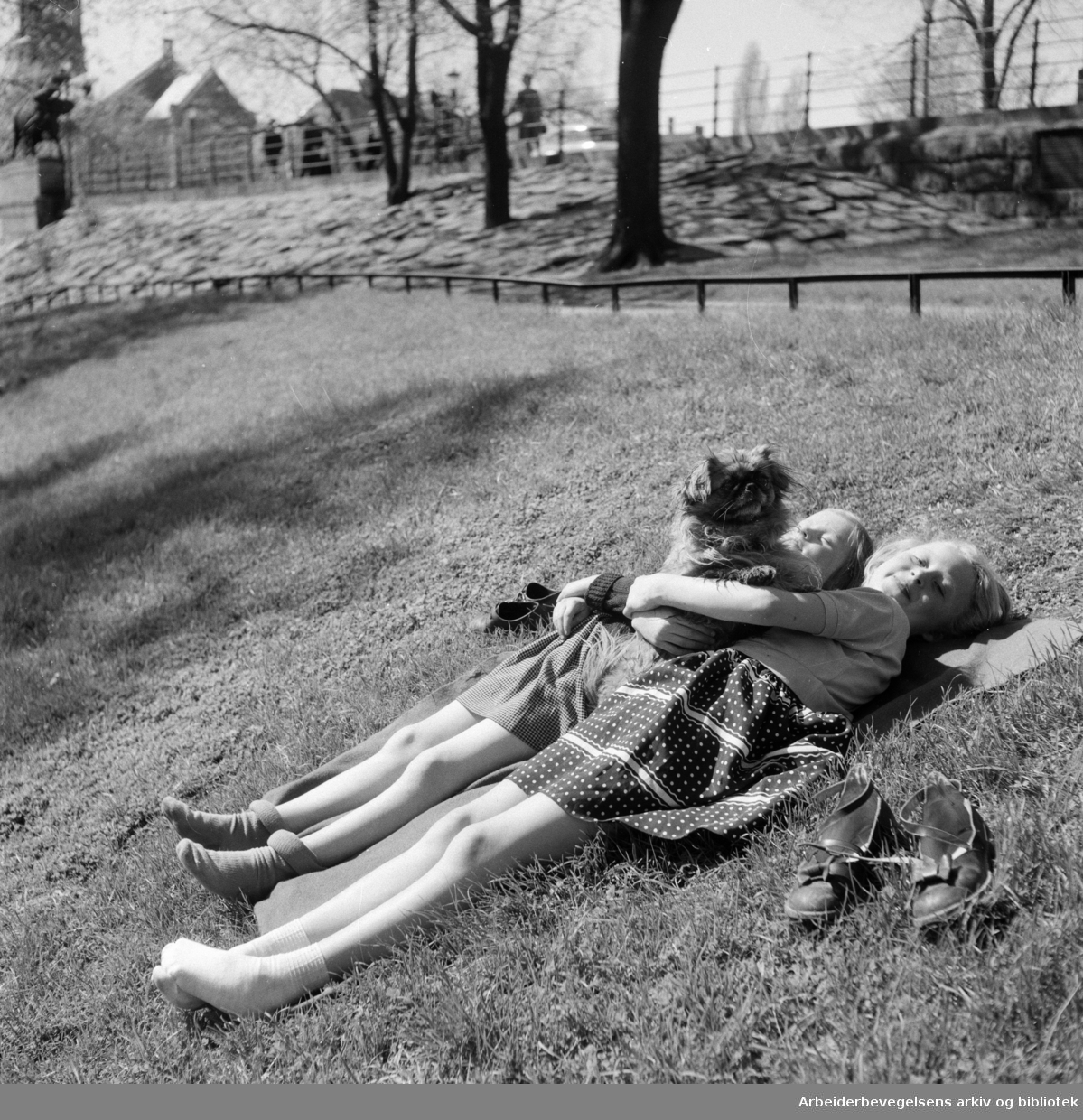 Barn soler seg ved Akerselva. Mai 1954