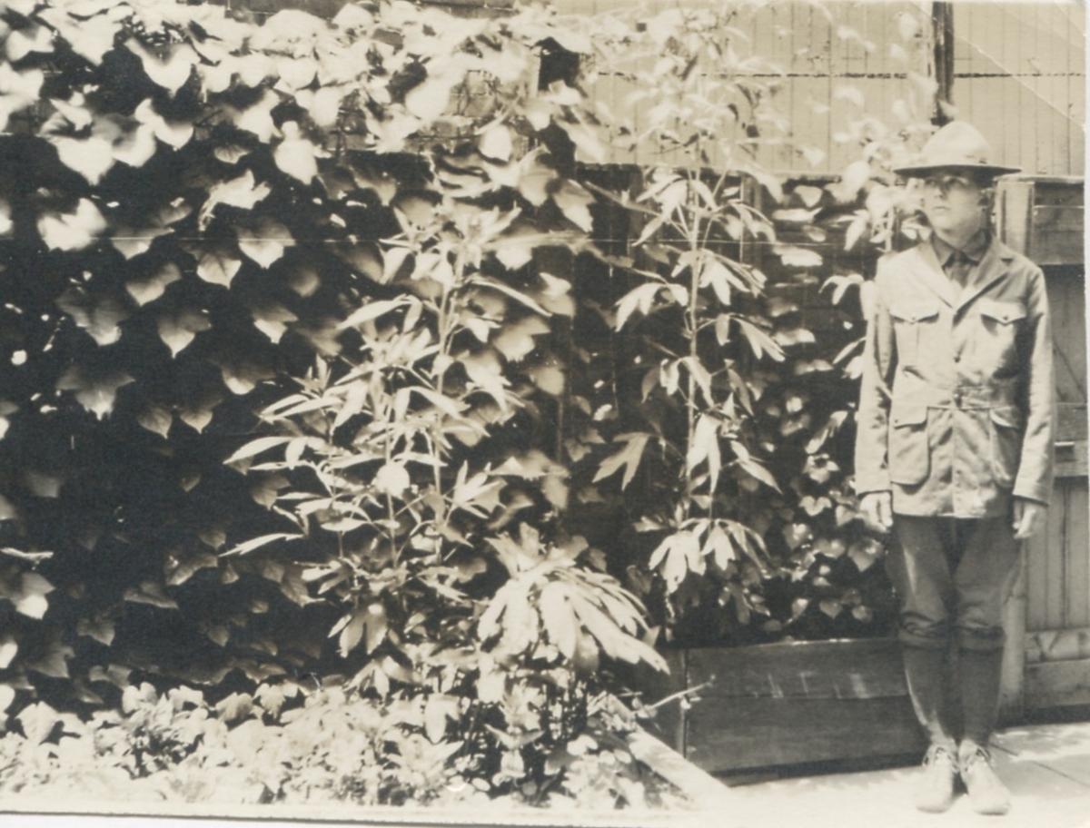 Robert Nelson (född 1908) poserar i scoutuniform i familjens trädgård, USA år 1922. Son till Carl Nelson (född i Sverige, död i USA) och Alma Nelson (född 1881 i Kållered - död 1959 i USA). Dotter till Karl och Alida Eriksson från Vommedal Östergård "Olas".