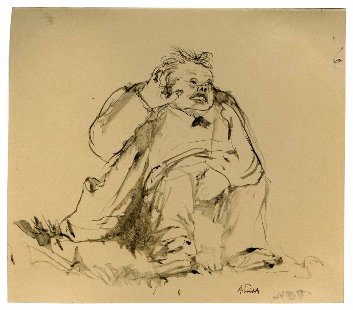 Axel Fridell, "Sittande figur", ("Sittande man med handen bakom örat" avbildad i Karl Haskels "Axel Fridell Bilder 2" sidan 400), penselteckning i svart, 100 x 125 mm, omkring 1930.
Mått: 100 x125 mm.