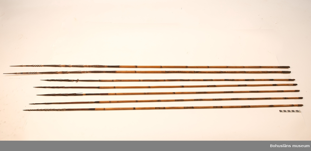 Ur handskrivna katalogen 1957-1958:
8 st pilar Austr.
Samtliga m. skaft av rör, Hullingförsedda, saknar styrfjädrar; träspets.
a och b); L. 162 och 161,5 cm m.lång spets av trä m. utskurna hullnigar, målad i svart, rött och vitt.
862 c) saknas, av samma typ och storlek som a och b.
862 d - h); L.139,5; 142; 138,3; 140; 140 cm; dessa 5 har påsurrade hullingar och inbränd dekor i skaftetn;
d - f) har hullingar av samma typ, d har dessutom en utskuren och målad del på skaftet bakom hullingarna; 
g) har endast 2 hullingkransar;
h) har hullingar av annan typ, mindre, tätare placerade och flera.
Samtliga pilar har smärre skador.