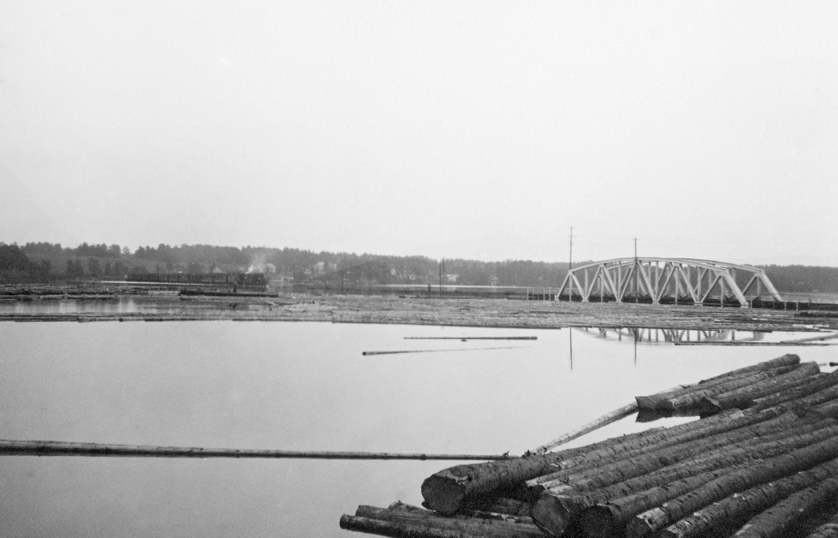 Fra Åkersvika i Mjøsa. Fotografiet er tatt fra sørenden av Espern, et industriområde i utkanten av Hamar by, mot jernbanelinja, med Sandvika på Stange-sida i bakgrunnen. Her, ytterst i vika, gikk den på høye steinfyllinger, men med ei fagverksbru over en åpning som skulle sikre vanngjennomstrømming og passasje for fløtingstømmer og småbåter. Dette bildet er tatt under storflommen i 1927, og da sto vannspeilet så høyt at steinfyllingene knapt var synlige. Det kunne fortone seg som om togene gikk på vannet. Fotografiet viser for øvrig en del tømmer som fløt på vannspeilet innenfor jernbanetraseen. Mendene var ikke enorme, for mye av virket fra de lokale skogene ble viderefordlet på lokale sagbruk. I 1927 var det 7 816 stokker som var innmelkdt til fløting på Fura og Svartelva, og bare 897 stokker som ble utislått i Svartelva. Det er antakelig noe av dette tømmeret vi ser på fotografiet.