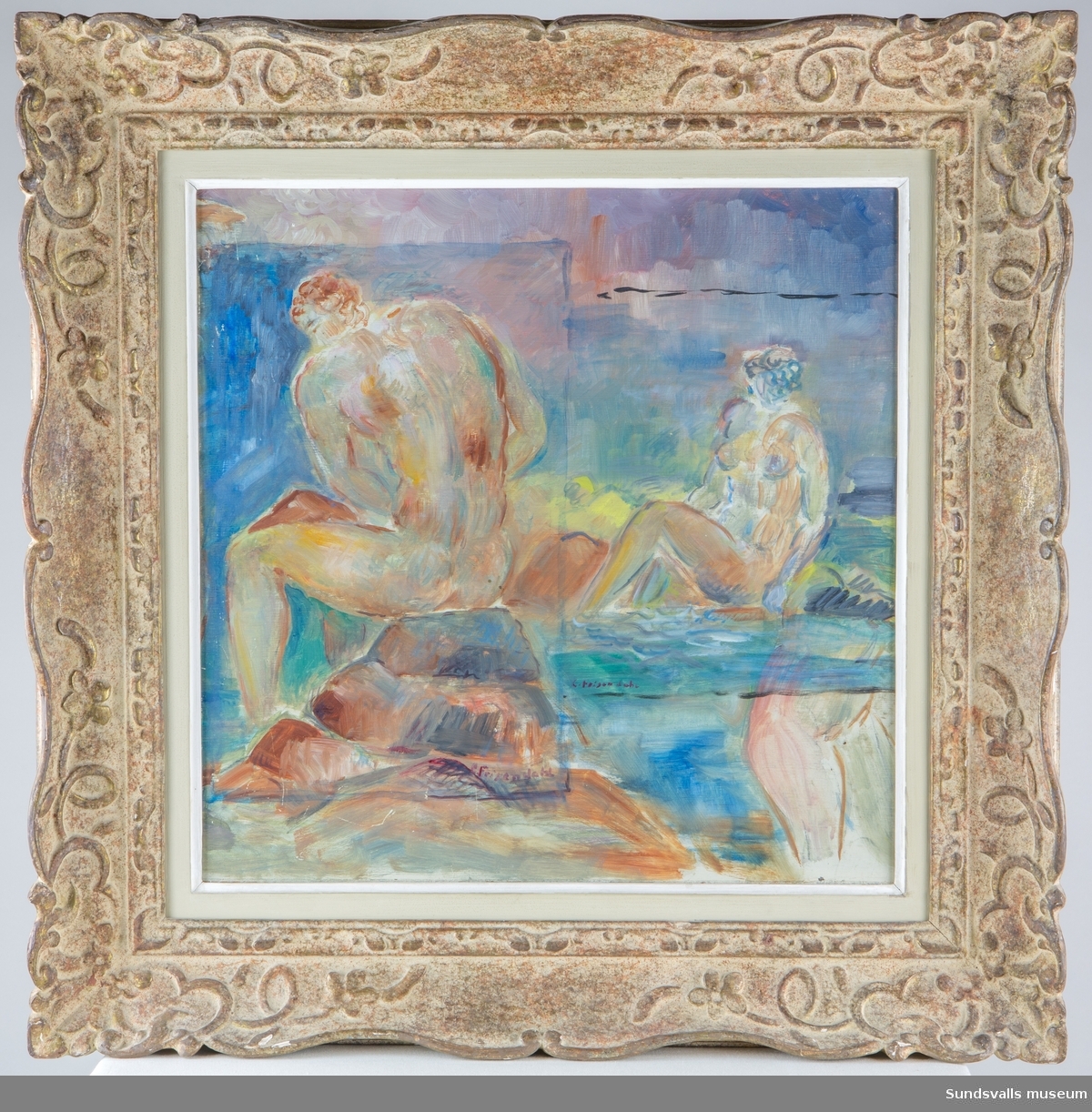 Målningen återger ett motiv bestående av ett antal kvadrater innehållande enskilda motiv av en sittande  man, en sittande kvinna och en stående kvinna.