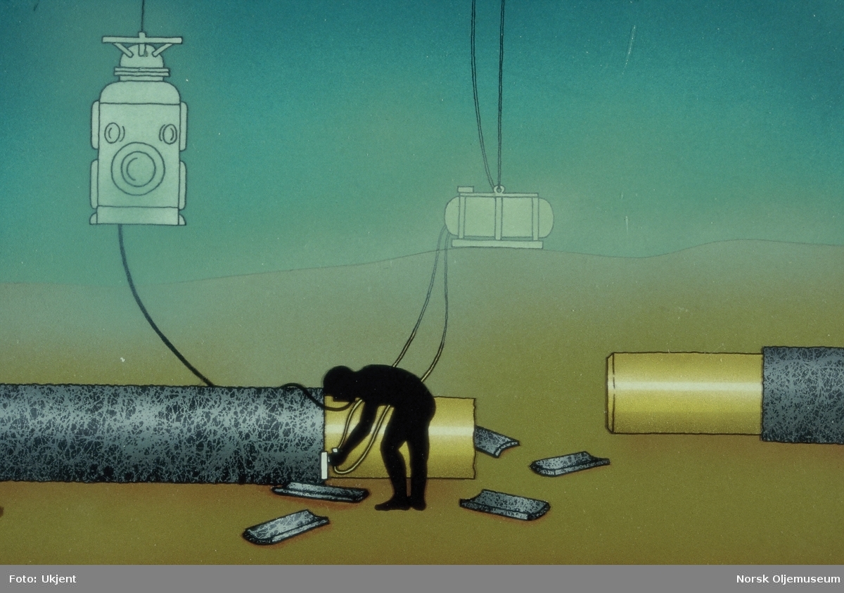 Tegning av arbeid med rør under vann. En dykkerklokke henger rett bak en dykker som reparerer rør på havbunnen. En liten ROV følger arbeidet.