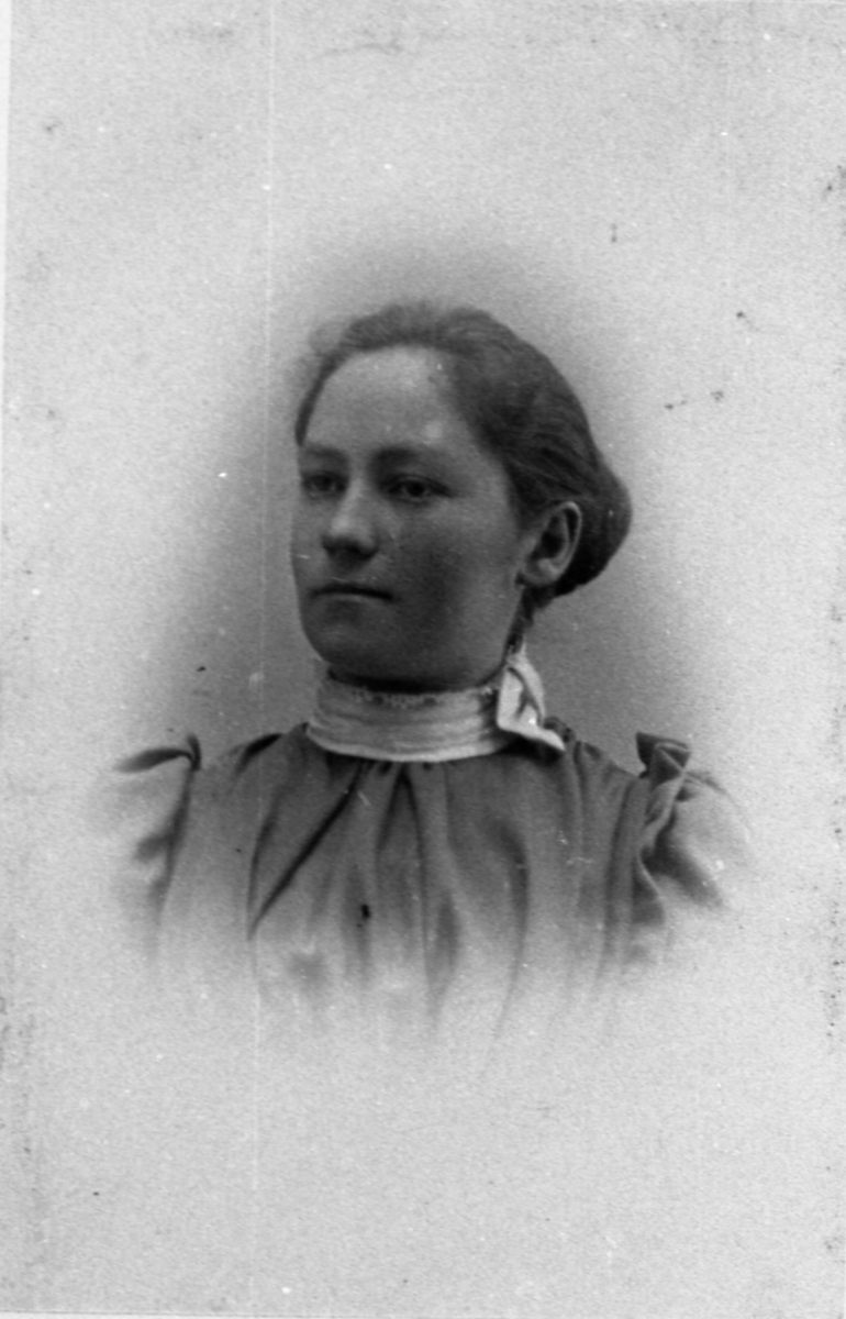Ateljéporträtt av Tekla* Matilda Magnusson. Född 1875 Apelgården 1:3 "Efraims, död 1964 Heljered Mellangård 1:2 "StoreBörjes". Gift 1906 med Axel Eriksson.
