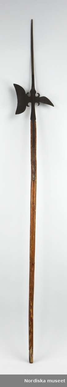 Hillebard av S.k. hälsingetyp, men förmodligen tillverkad i Arboga. 
Vapnet inköpt från Norrköpings arbetarförening. -" tillhört Norrköpings arbetarförenings museum, hvilket numera genom köp införlivats med Nordiska museet" ( 1882)