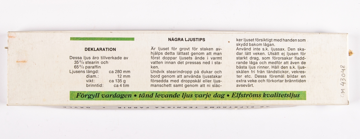 Smala ljus i vit och grön pappersförpackning, "Elfströms Adventssprior - för vardag och fest". Prislapp konsum: 1:35 kr.