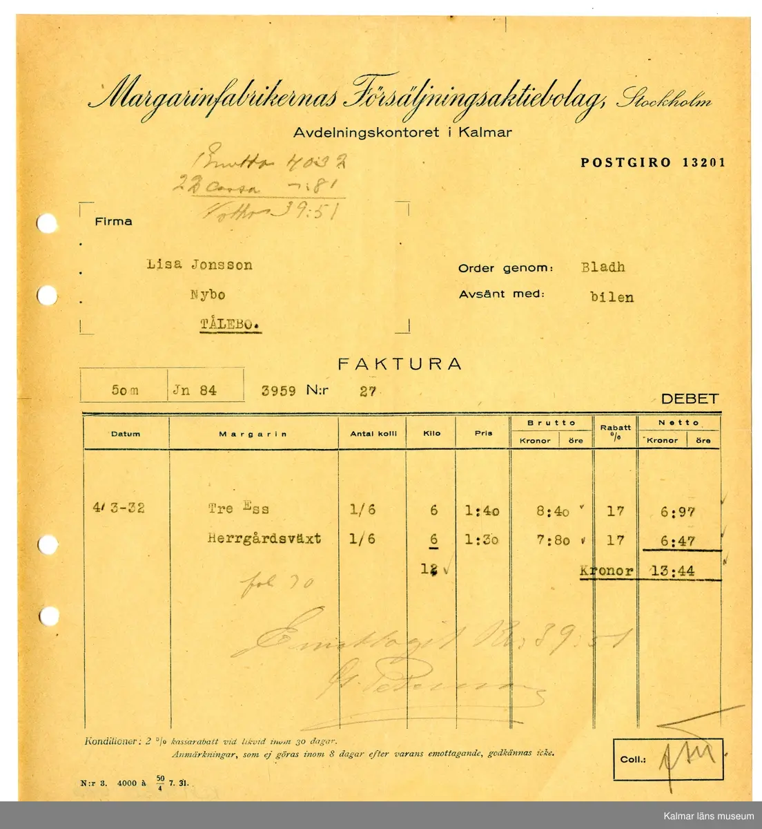 Faktura - Kalmar läns museum / DigitaltMuseum