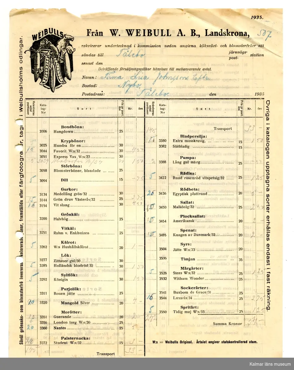 KLM 46521:1626 Beställning. Av papper. Beställning från Firma Lisa Johnssons Eftr., Nybo, Tålebo till W. Weibull A. B., Landskrona. Handlingen är daterad 1935.