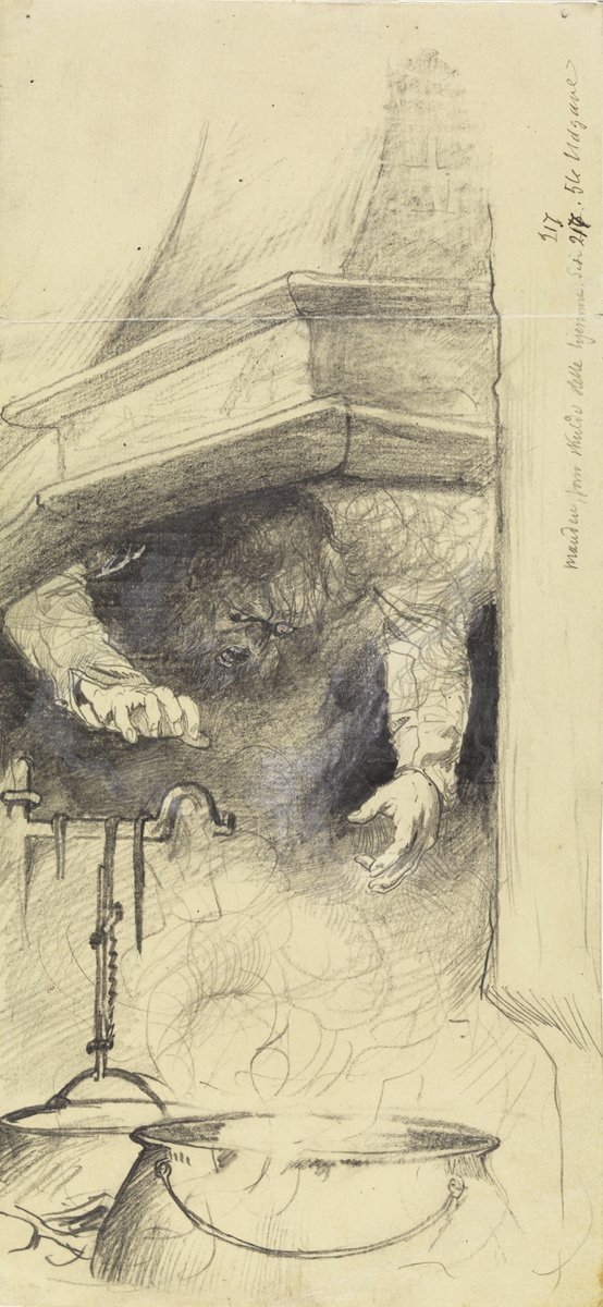 Illustrasjon til "Manden som skulde stelle hjemme", P. Chr. Asbjørnsen, Norske Folke- og Huldre-Eventyr i Udvalg, København 1879 [Illustrasjon]