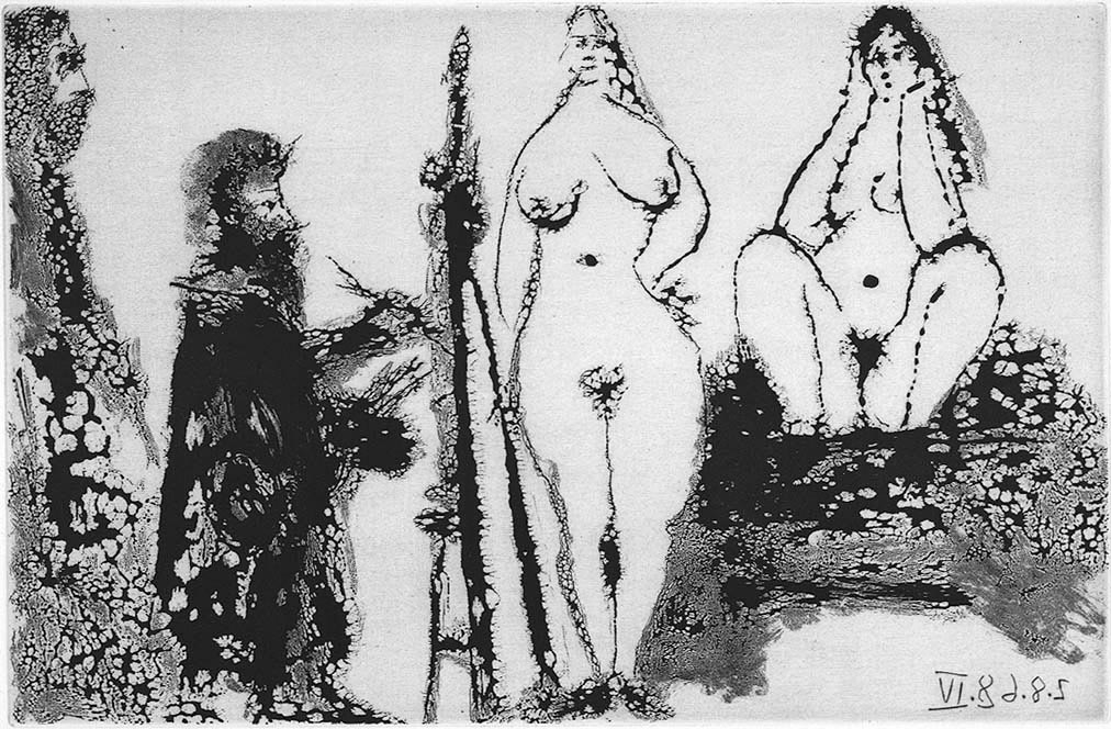 Skjegget maler i morgenkåpe, med to vakre kvinner og en besøkende [Grafikk]