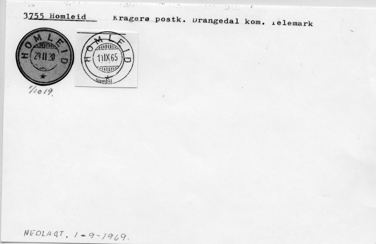 Stempelkatalog. 3755 Homleid. Kragerø postkontor. Drangedal kommune. Telemark fylke.