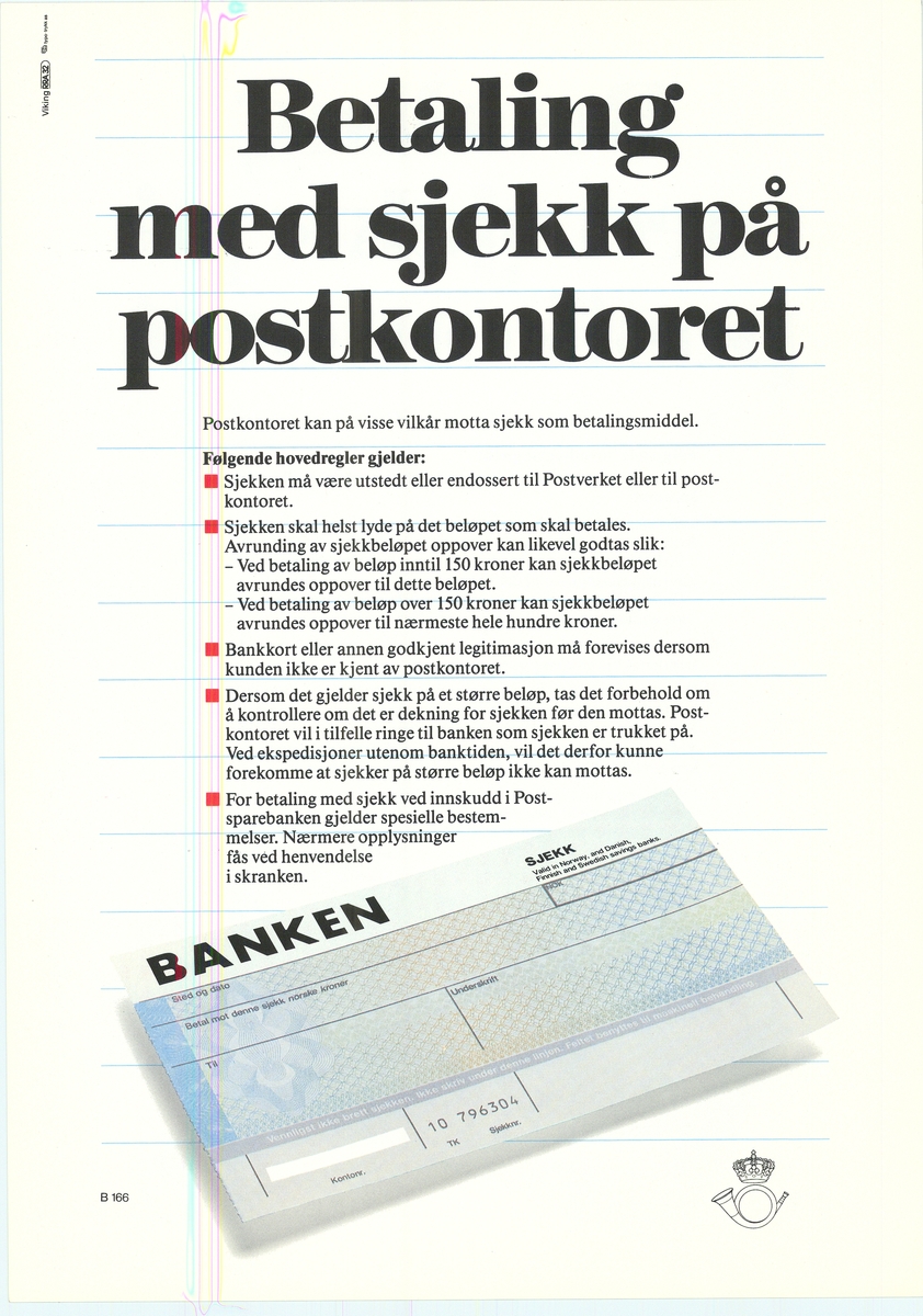 Tosidig plakat med bildemotiv av sjekk og tekst. Plakat med tekst på bokmål og nynorsk.