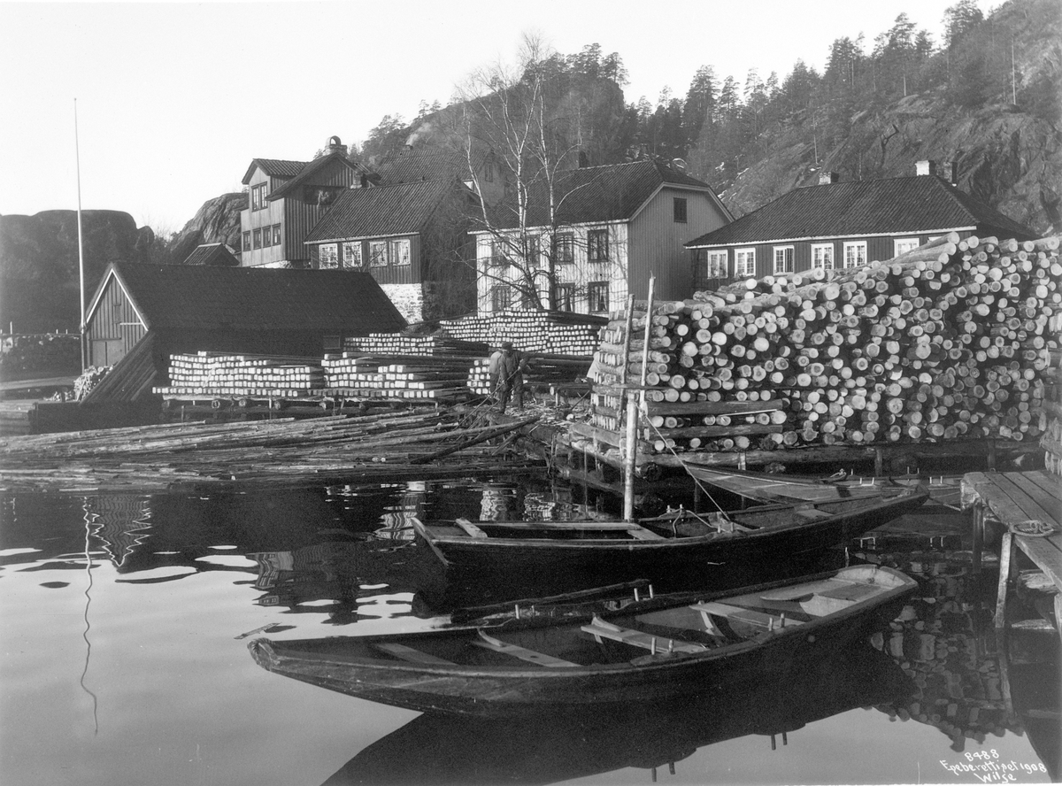 Høgstplass for tømmer i Tallakshavn, Kragerø, 14. februar 1908.