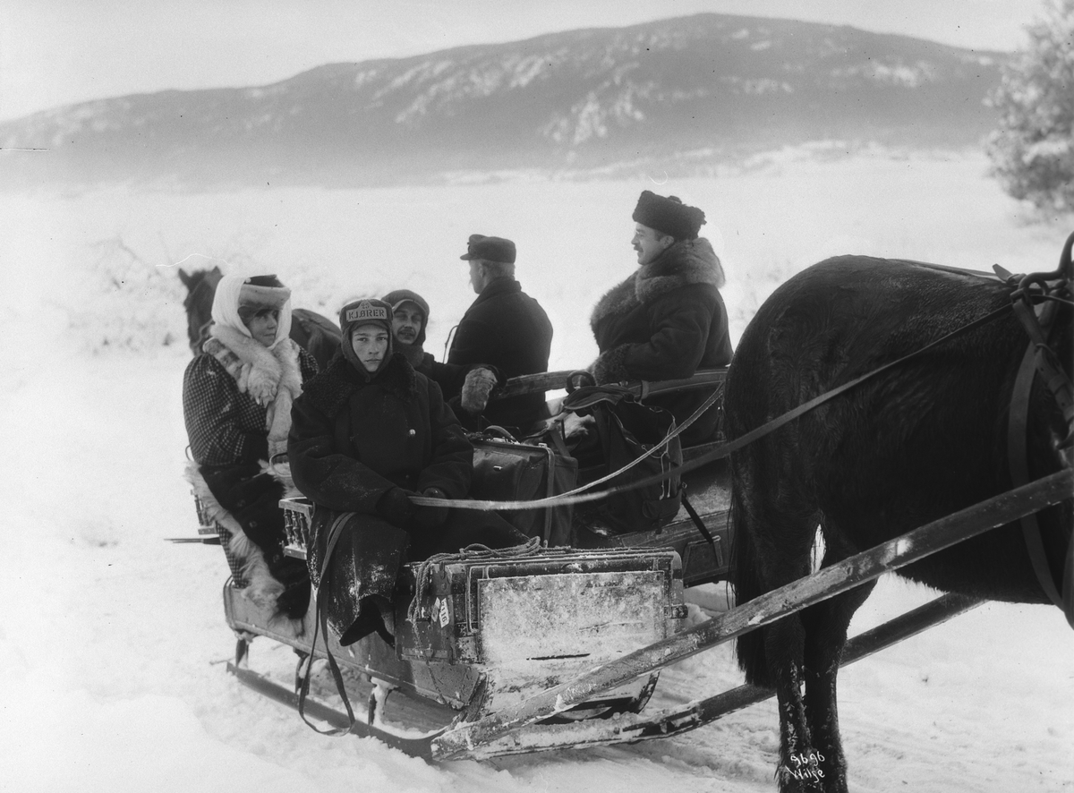 Kjøring med hest og slede i vinterlandskap over Krøderen, 3. januar 1909.