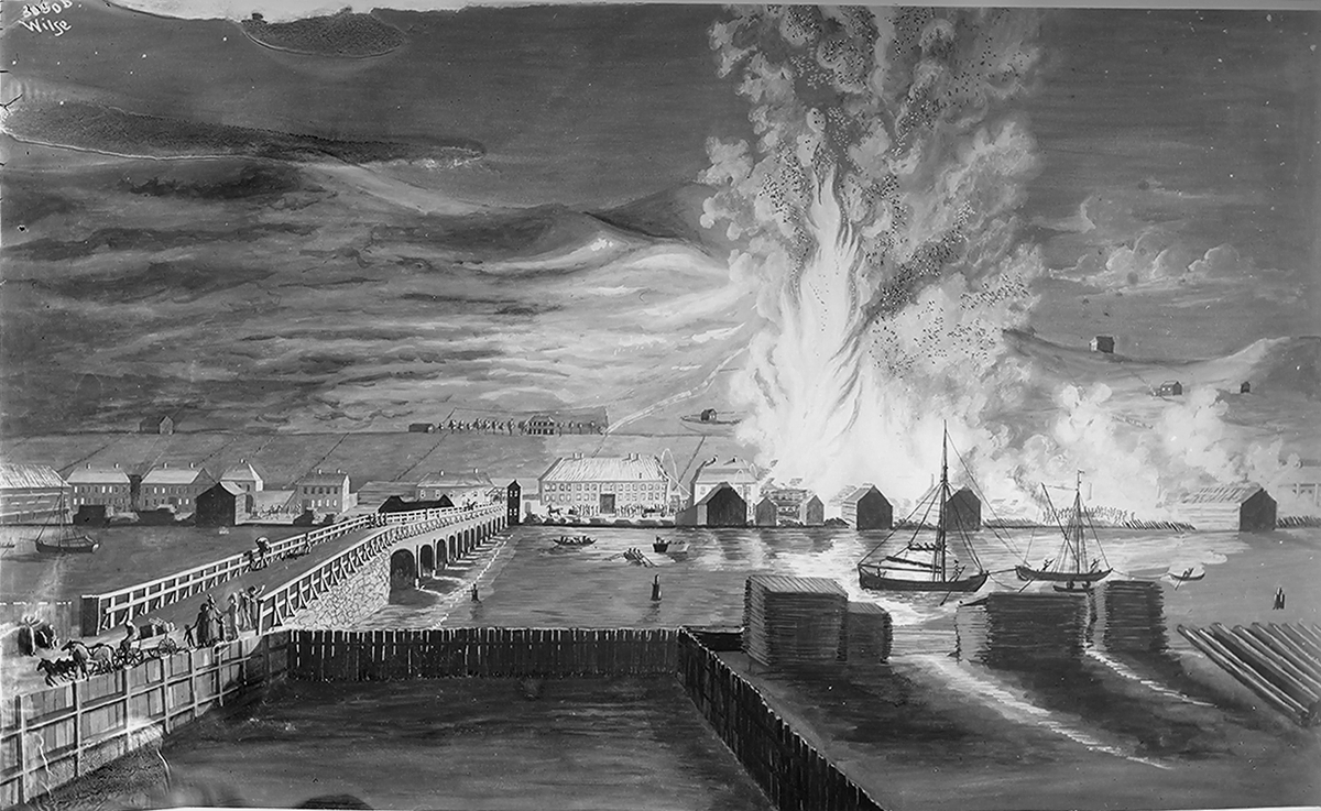 Maleriet "Drammen i brand" med deler av bybroen.