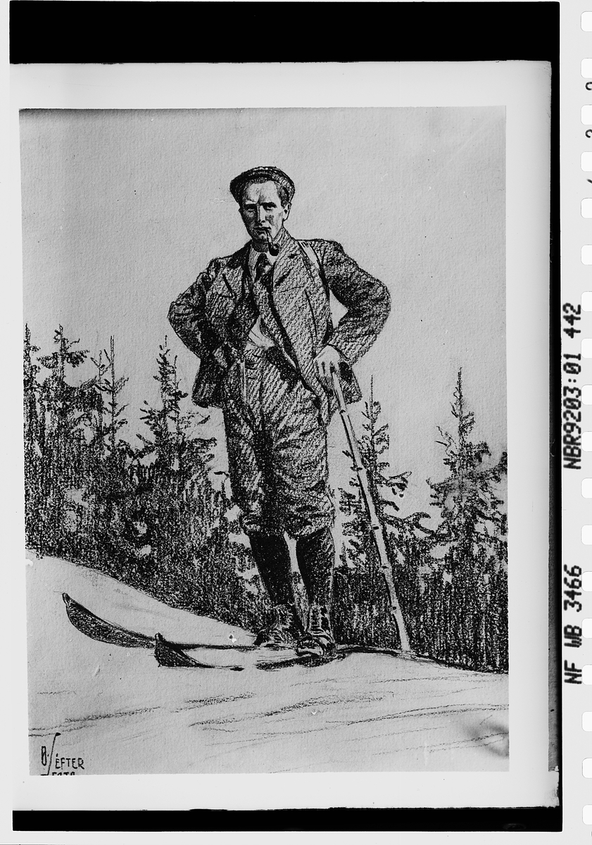 Fotografi av tegning av Christian Tandberg på ski. Fotografert 1911.