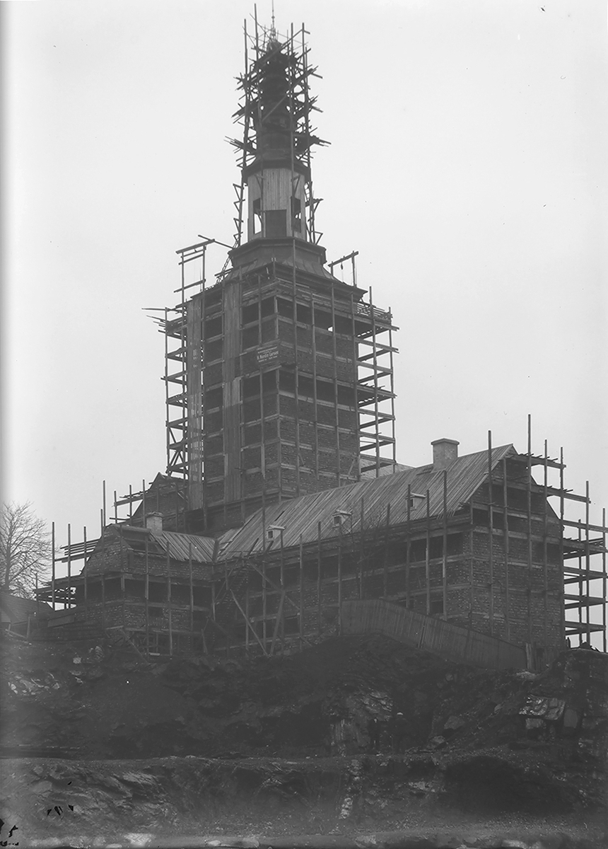 Bygging av Svenska Margaretakyrkan. Fotografert 1923.