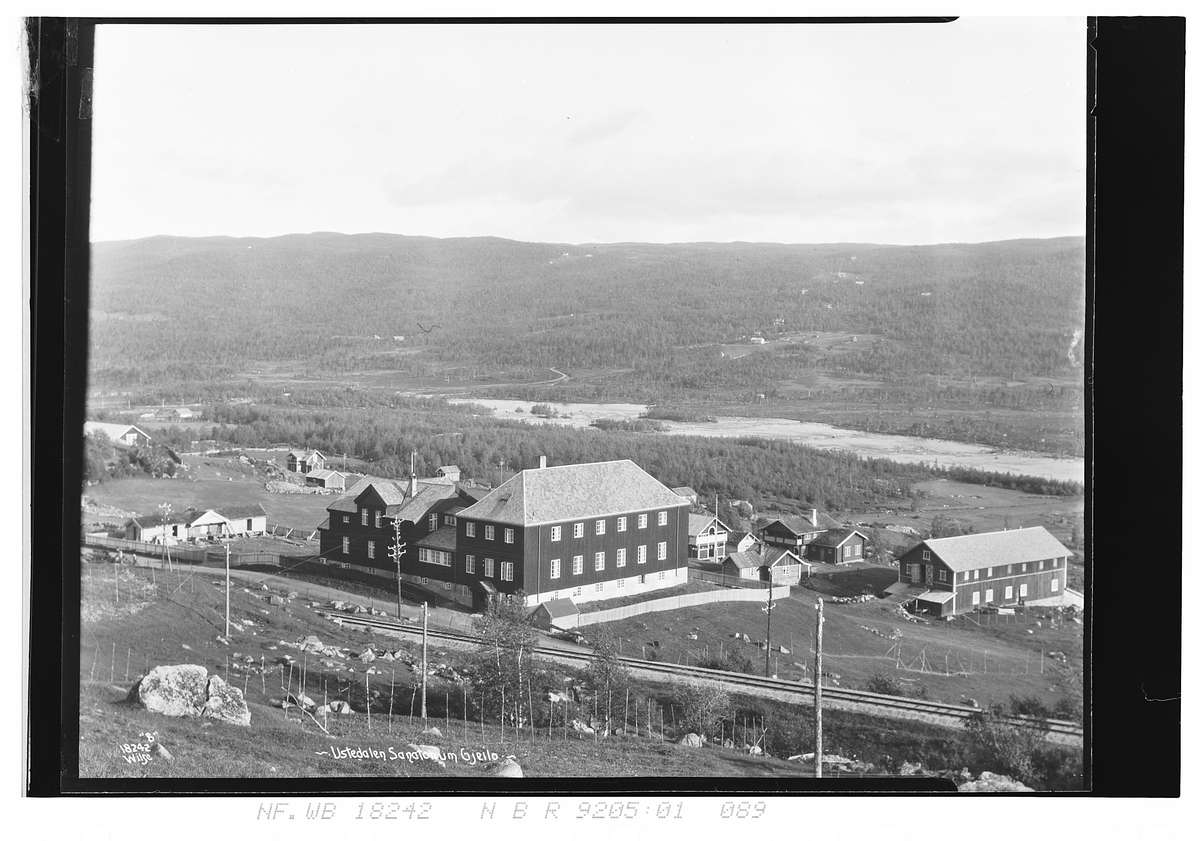 Oversiktsbilder over Ustedalen sanatorium med byginger rundt. Jernbanelinje går forbi. Fotografert 1924.