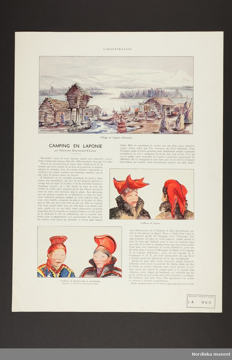 Tryckta sidor ur publikationen L'Illustration. Franskspråkig artikel. "Camping en Laponie", text och illustrationer av Germaine Chanteaud-Chabas. Samiskt liv. L.A.988