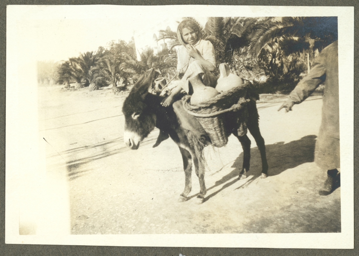 Bilden visar en flicka ridande på en åsna som transporteras stora amforor i korgar.