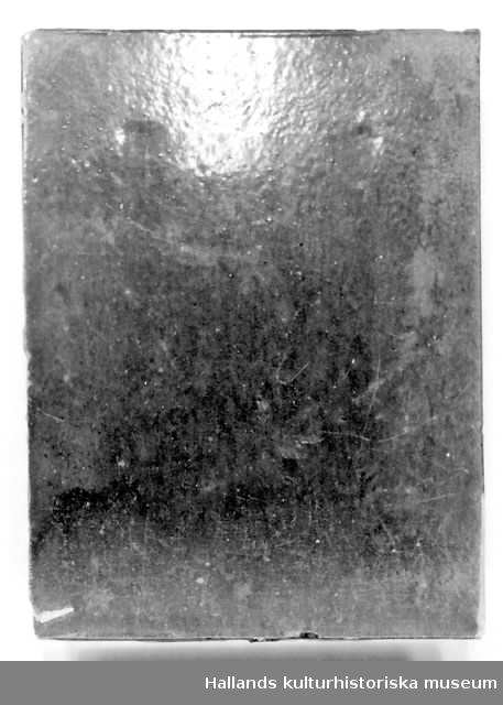 Grönglaserade kakelplattor (a - e).a) Rektangulär platta med mönster i relief.Längd 23 cm, Bredd 30,5 cm. b) Rektangulär platta utan mönster. Längd 24 cm, Bredd 32 cm.c) Hörnfris, brutet krön upptill och äggstavsornament nertill.d) Hörnkakel med rosetter. Längd 32 cm.e) Fris, mönstrat. Längd 18 cm, bredd 20 cm.