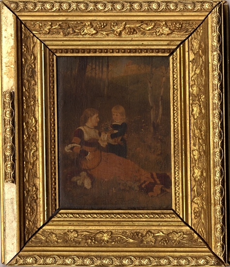 Oljemålning (tryck ?).
En mor med barn sitter på en äng. Bägge klädda i romantiska
renässansdräkter.