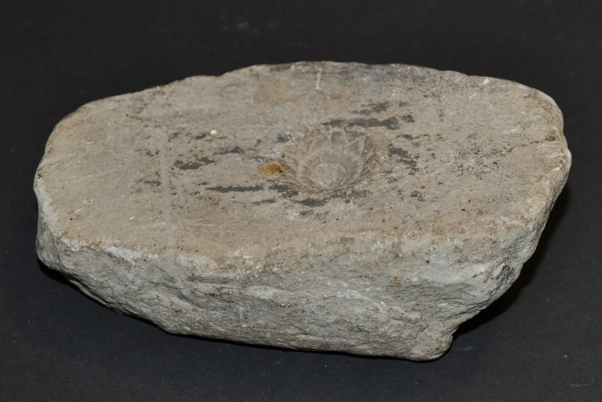 En sten med en hålighet i som är mönstrad och cirkelformad. Diameter på formen är 1,7 cm.
