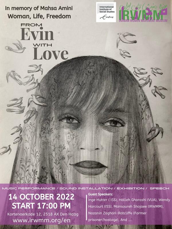 Plakat fra utstillingen "From Evin with Love" på dens hittil siste visningssted i Den Haag, Nederland, oktober  2022, til minne om Masha Amini: Woman, Life, Freedom. (Foto/Photo)