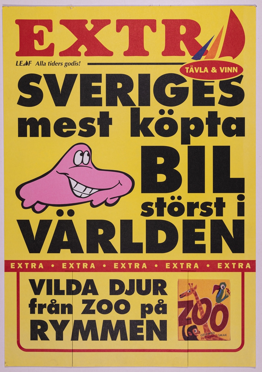 Reklamskylt av papp, flerfärgstryck, för Ahlgrens bilar och tabletten Zoo.