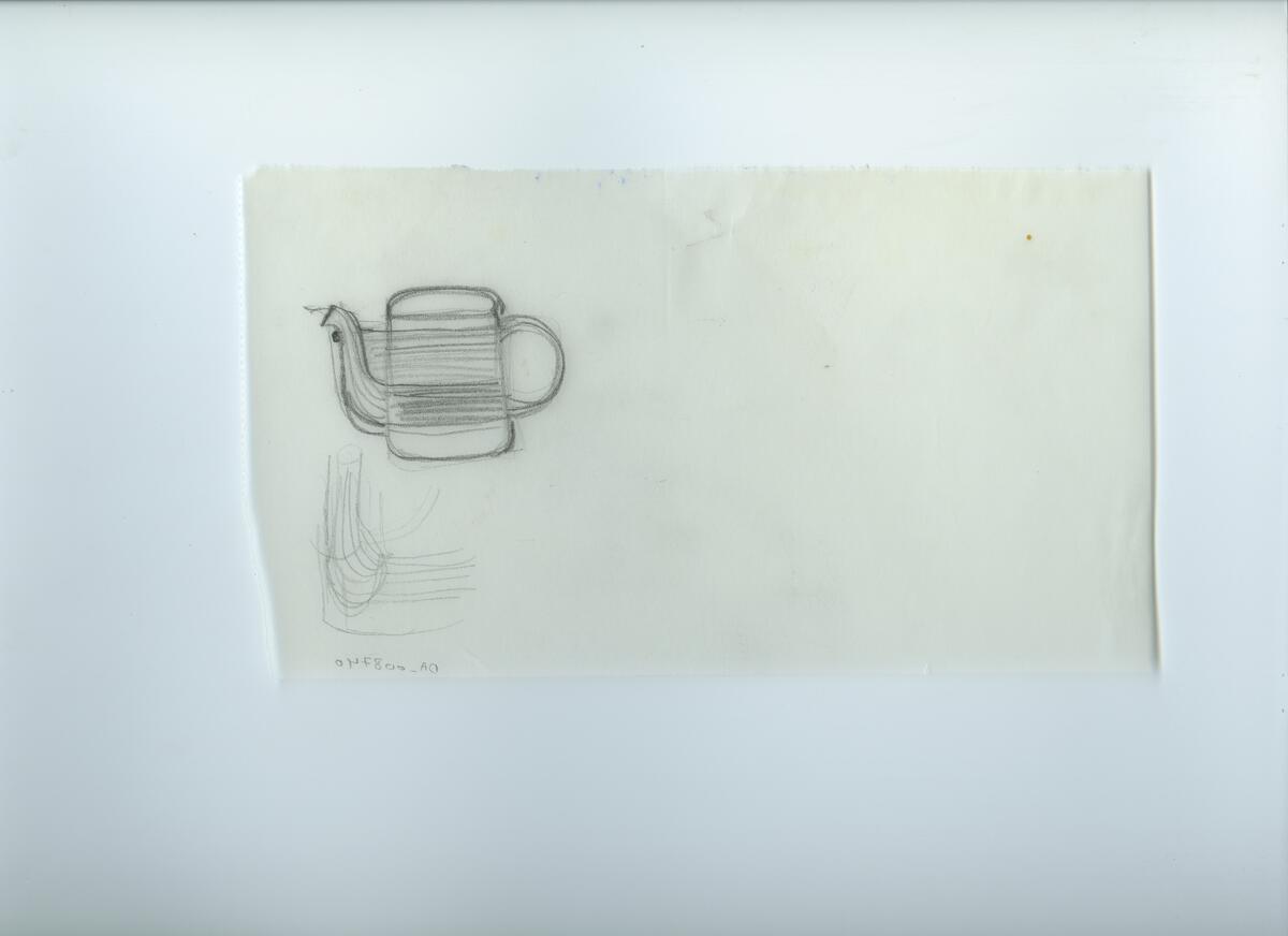 Skisser och referensmaterial till olika porslin- och glasföremål som grytor, kannor, koppar med fat, servisglas m.m. Bland annat formgivning för Rosenthal. Några skisskopior av Tapio Wirkkalas formgivning för Venini - inspirationsmaterial?